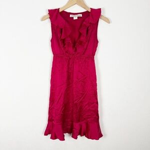 Amanda Uprichard Red 100% Silk V-Neck Ruffle Collar Dress